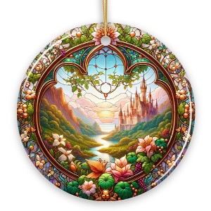 Castle Art with Lush Forest Stained Glass Style Ceramic Ornament, Christmas Gift and Decor| OrnamentallyYou - 1 of 4