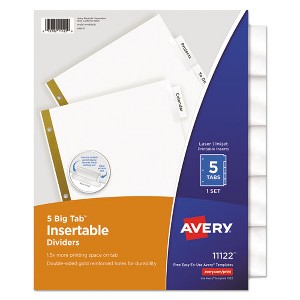 Avery Insertable Big Tab Dividers, 5-Tab, Double-Sided Gold Edge Reinforcing, 11 x 8.5, White, Clear Tabs, 1 Set - 1 of 4