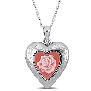 EVERLY JEWELRY | Sterling Silver 20mm Pink Rose releaf heart design Pendant Locket With Cable Chain, 18-inch - 1 of 4
