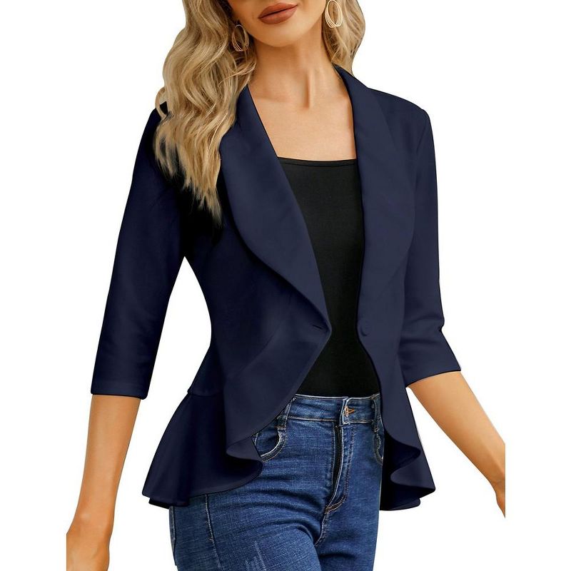 Womens Casual Blazer 3/4 Sleeve Open Front Ruffle Work Office Cardigan Suit Jacket, 1 of 7
