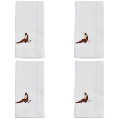 White Polyester Embroidered Pheasant Design Table Napkins Set