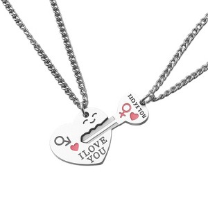 Couples' Silver - Toned Titanium Steel Necklace Set - Modern Love Design - 1 of 4