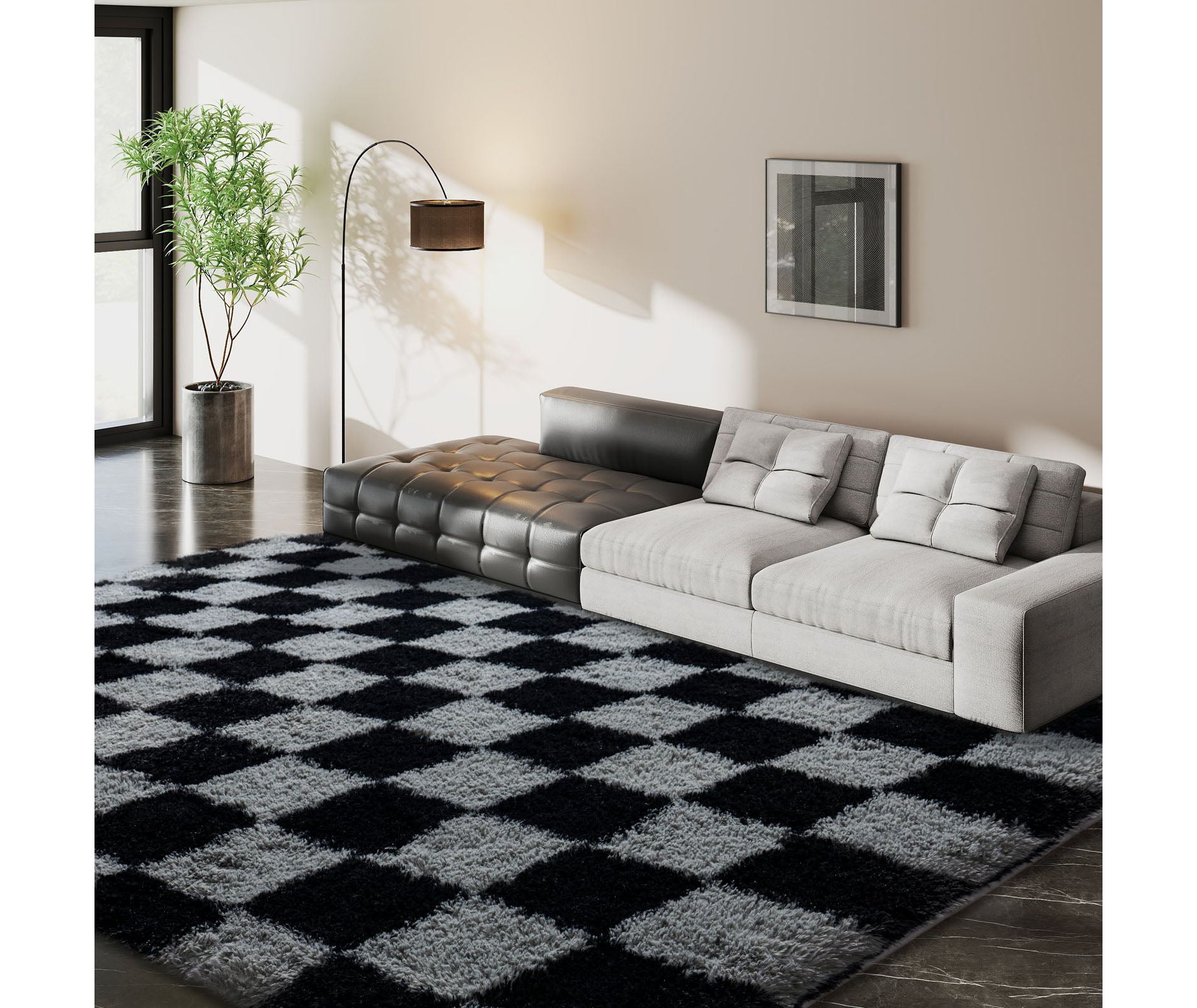 LOVEVOOK Black and Grey Checkered Rugs for Living Room, 6x9ft Area Rugs Non-Slip Shag Fluffy Rug, Carpet for Bedroom, Dorm Home Decor Aesthetic