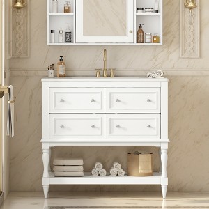 36" Bathroom Vanity with Undermount Ceramic Sink, Free-Standing Bathroom Cabinet with 4 Drawers, Solid Wood Frame, Beige/Black/White - ModernLuxe - 1 of 4