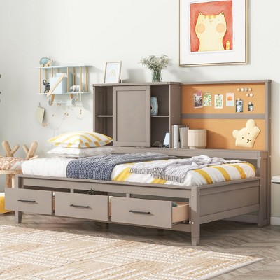 NicBex Twin Daybed with Storage Morden Daybed with 3 Storage Drawers, Storage Cabinets, Cork Board and Charging Ports for Apartment