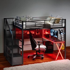 Mshliw Full Size Metal Loft Bed with Desk, Wardrobe, Storage Staircase, Shelves and LED Light, Space-Saving Workstation Bed - 1 of 4
