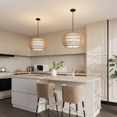 5-Light Farmhouse Rattan Chandelier with Fabric Shades - Hand Woven Pendant Light for Dining Room or Kitchen Island, Rustic Ceiling Fixture