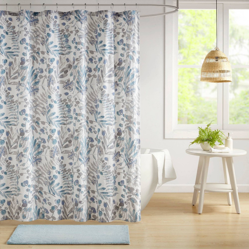 Photos - Shower Curtain Miley Printed Seersucker  Blue - Madison Park