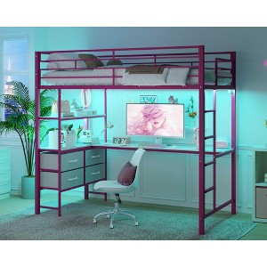 Karl Home Metal Loft Bed Frame with Guardrail, 2 Charging Stations, L-Shaped Desk, Storage Shelve, Drawers, LED Lights - 1 of 4