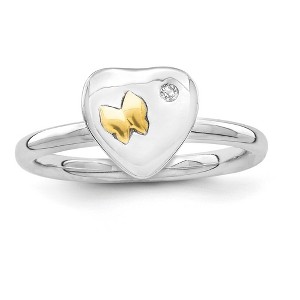 Black Bow Jewelry Sterling Silver & 14k Gold Butterfly .015 Ct Diamond Heart Stack Ring - 1 of 4