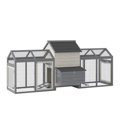 Gray and White Wooden Chicken Coop with Double Run and Nesting Box