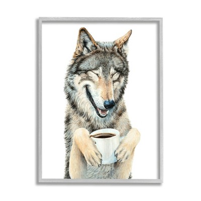 Stupell Industries Laughing Wolf with Coffee Framed Giclee Art