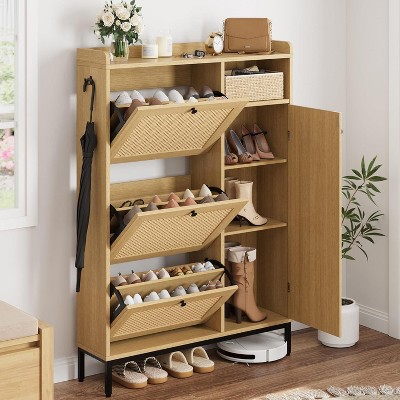Rattan Shoe Cabinet, 3 Tier Shoe Cabinet with Flip Drawers, Free Standing Narrow Shoe Storage Organizer with Adjustable Shelves