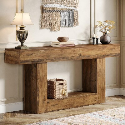 HDZNVF 63 in Console Table, Farmhouse 2-Tier Entryway Table with U-Shaped Base, Narrow Long Wood Sofa Table