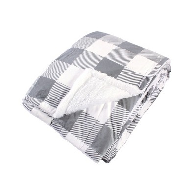 Hudson Home Collection Home Mink Blanket with Faux Shearling Back, Gray Plaid Faux Shearling