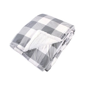 Hudson Home Collection Home Mink Blanket with Faux Shearling Back, Gray Plaid Faux Shearling - 1 of 2
