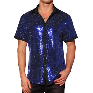 Lars Amadeus Men's Contrasting Color Short Sleeves Disco Party Sparkly Sequins Shirt - 1 of 4