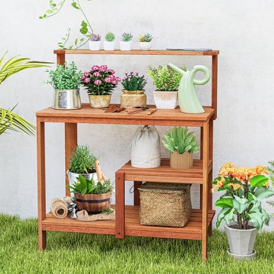 Aghana Digitals Natural Solid Wood Outdoor Garden Workstation with 2-Tier Open Shelves, 35.5" Large
