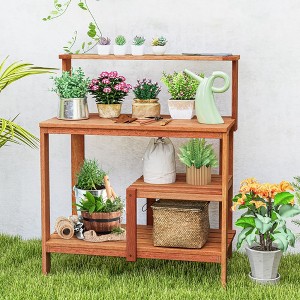 Aghana Digitals Natural Solid Wood Outdoor Garden Workstation with 2-Tier Open Shelves, 35.5" Large - 1 of 4
