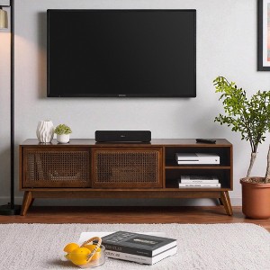 59" Mid Century Modern Rattan TV Stand for 65" TV, Boho Farmhouse Entertainment Center with Sliding Doors, Media Console Cabinet for Living Room - 1 of 4