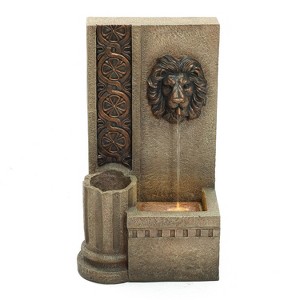 LuxenHome 25.8" H Sandstone Resin Regal Lion Head Floor Outdoor Water Fountain with Lights Brown - 1 of 4