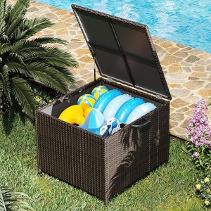 80 Gallon Outdoor Rattan Deck Box with Wheels, Waterproof Wicker Storage Box for Patio Cushions, Garden Tools, Pool Accessories, Brown - 1 of 4