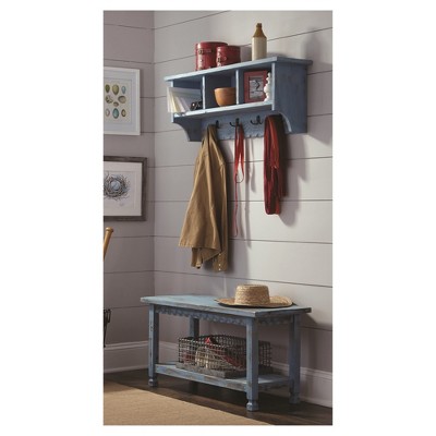 Country Cottage Antiqued Wood Coat Hooks And Storage Bench Set