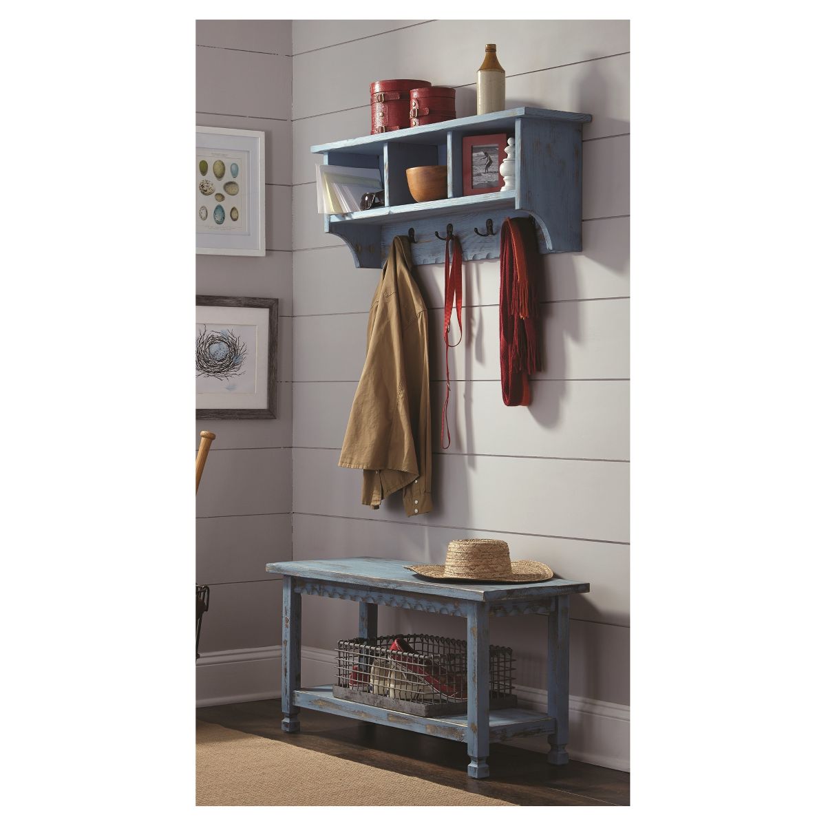 Country Cottage Antiqued Wood Coat Hooks and Storage Bench Set - Alaterre Furniture - thumbnail 2