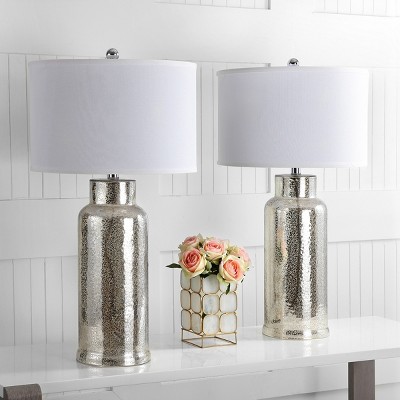 Silver Mercury Glass Bottle Table Lamp Set with White Drum Shades