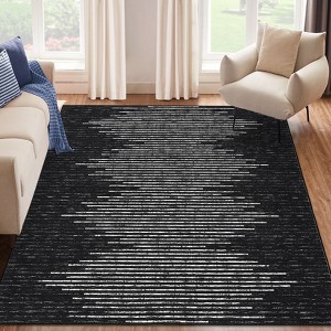 Modern Geometric Striped Area Rug Low Pile Non Slip Farmhouse Carpet - 1 of 4