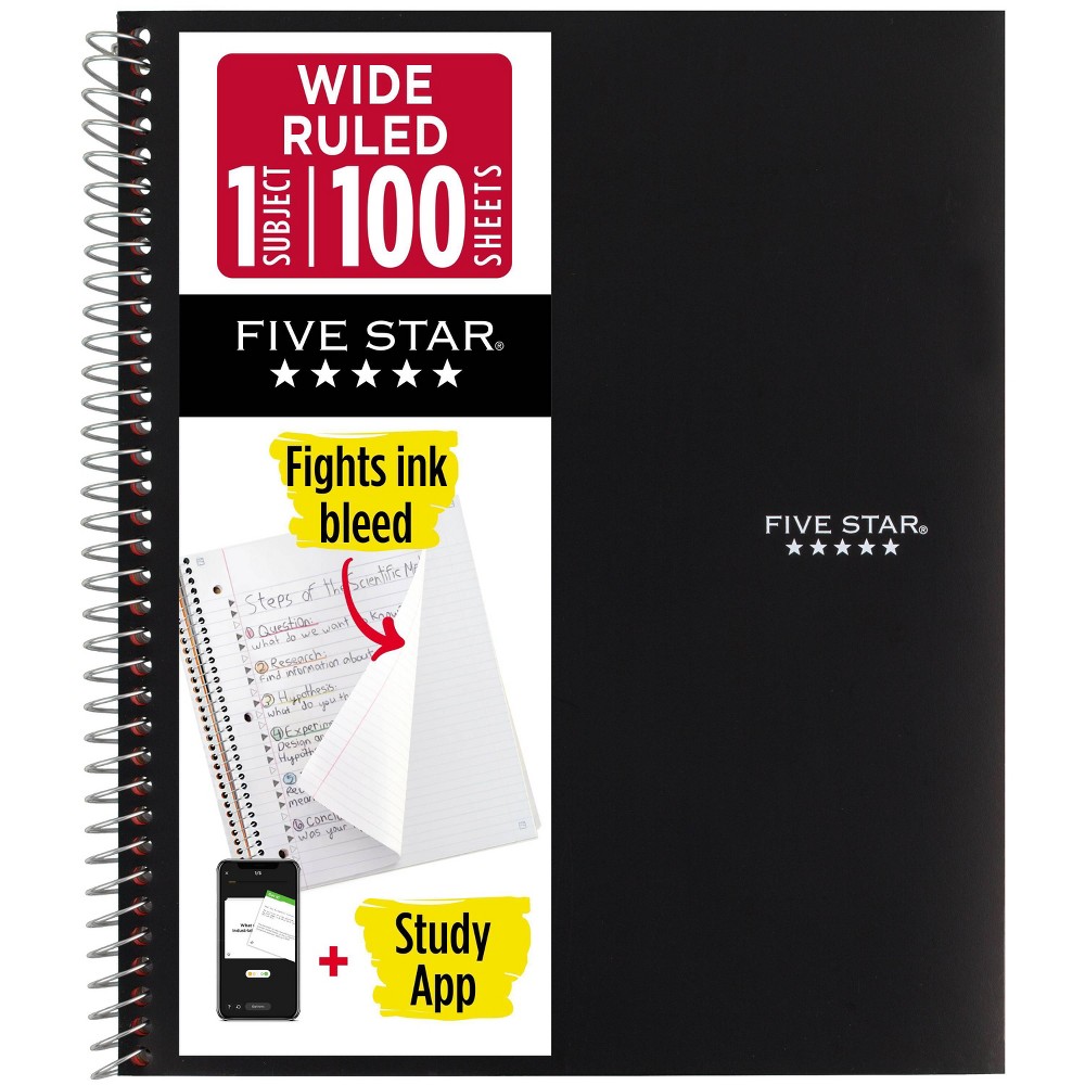 Five Star 8"x10.5" 1 Subject Wide Ruled Notebook Black 100 Pages