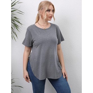 Women's Round Neck Split Hem Short Sleeve T-Shirt Casual Basic Stretchy Cotton Tee Summer Top - 1 of 4