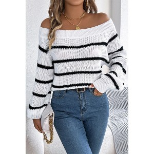 V For City Women's 2025 Autumn Winter Casual Striped Off-Shoulder Lantern Sleeve Pullover Sweater - 1 of 4