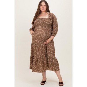 Pinkblush Mocha Floral Smocked Long Sleeve Maternity Plus Maxi Dress - 1 of 4