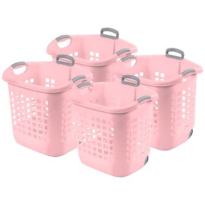Sterilite Ultra Wheeled Laundry Basket, 1.7 Bushel with Handles, Pink, 4 Pack - 1 of 4
