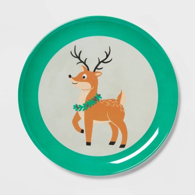 Set of 4 White & Green Dishwasher Safe Reindeer Stoneware Dinner Plates D27.5cm Set of 4 White & Green Dishwasher Safe Reindeer Stoneware Dinner Plates D27.5cm