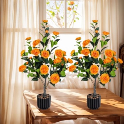 Maggift Artificial Plant Artificial Camellia Tree 2 Pack Camellia Plant in Pot Greenery Potted Plant for Indoor Office Home, Green, 33.49"*6.7"*7.09"
