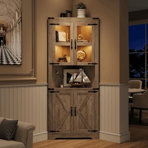 Corner Cabinet with Lights, Tall Corner Storage Cabinet with Glass Door & Adjustable Shelves, for Living Room, Kitchen, Bathroom, Gray - 1 of 4