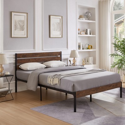 Queen Size Metal Platform Bed With Wood Headboard And Strong Slats ...