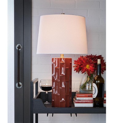 Burnt Umber Ribbed Ceramic Table Lamp Set with White Shades