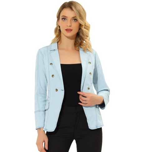 Allegra K Women's Casual Lapel Jeans Long Sleeve Denim Jacket Pockets  Blazer Light Blue X-Small