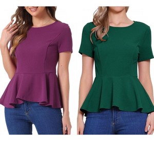 INSPIRE CHIC Women's Short Sleeve Round Neck Stretch Business Classic Peplum Top 2 Packs - 1 of 4
