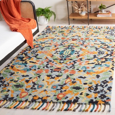 Handmade Blue Wool Floral Rectangular Area Rug with Tassels
