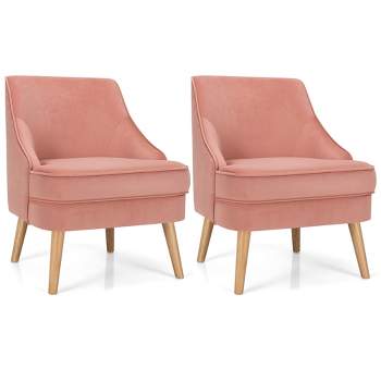 Costway Set of 2 Accent Chairs Velvet Single Sofa Chair w/Rubber Wood Legs Pink\Green\Grey