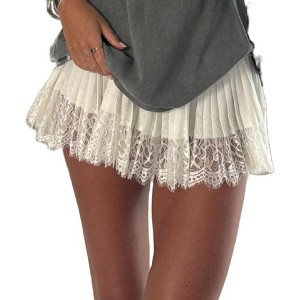 Y2K Low Rise Lace Mini Skirt - Layered Ruffle Half Slip Skirt with Pleated Detail Patch Apricot 03 - 1 of 4