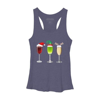 Women's Design By Humans Red Wine Glass Santa Elf Hat Reindeer Horn Christmas By Forever9 Racerback Tank Top