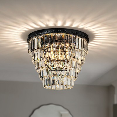 ALOADECOR 3-Light 16" Matte Black Transitional Tierd Crystal Flush Mount Light