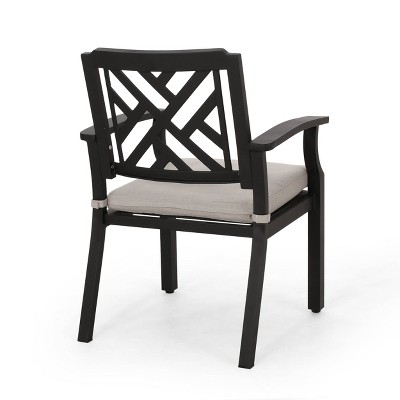 Waterford Black Aluminum Dining Chairs with Light Beige Cushions