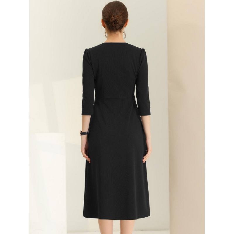 Allegra K Women's Elegant Split Neck Side Zipper Pockets 3/4 Sleeve Work A-Line Dress, 4 of 6