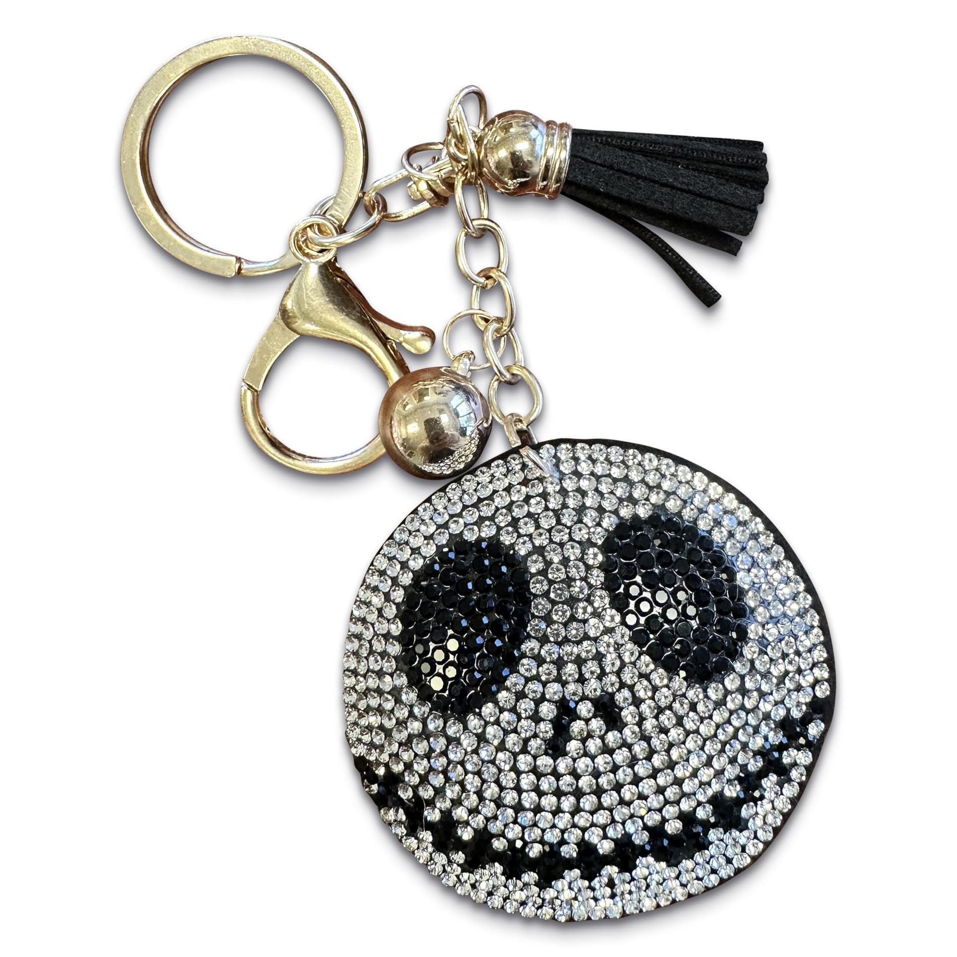THE MARDI GRAS KREWE Rhinestone Round Skull Face Keychain, Purse Charm, and Bag Clip - Accessory for Fans of Gothic and Halloween Characters